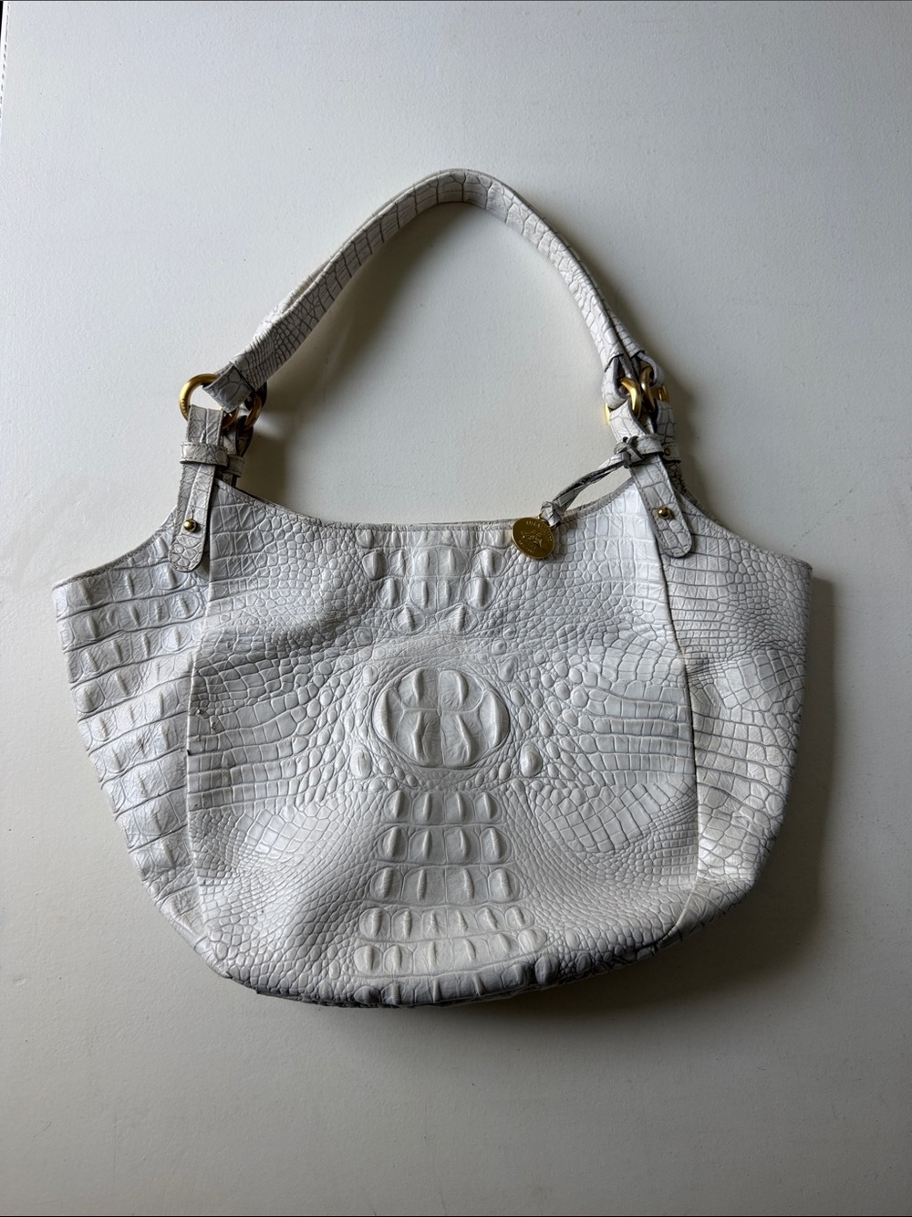 Brahmin Jacqueline White/Cream Crocodile-Embossed Shoulder Bag
